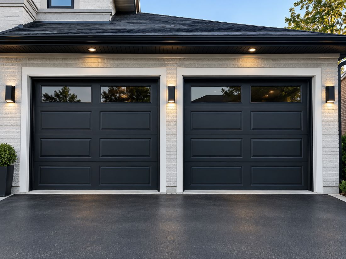 House exterior with garage doors painted black