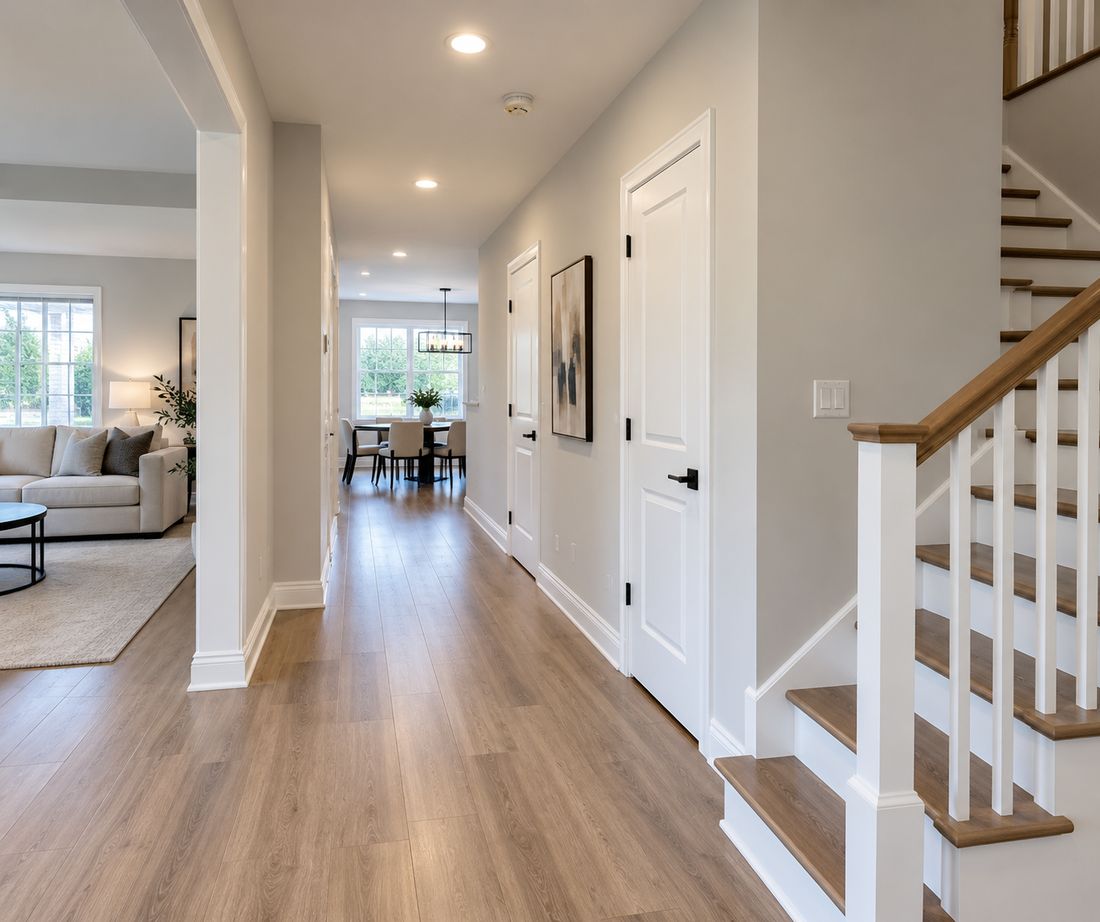 Freshly painted hallway with white trim and staircase