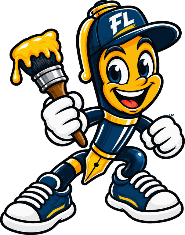 Fine Line Painting mascot, a pen in a navy FL cap holding a paintbrush